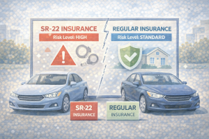 Two cars in front of a comparison board, illustrating the differences between SR-22 insurance and regular car insurance.